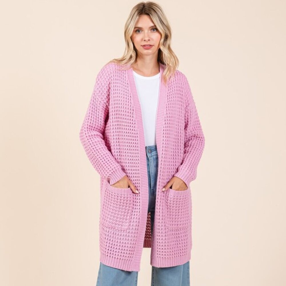 Pink Open Front Long Sleeve Longline Cardigan